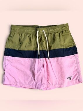 Barbour Men's Logo Swim Trunks Sz M Color Block Green Pink Drawstring 5" Inseam